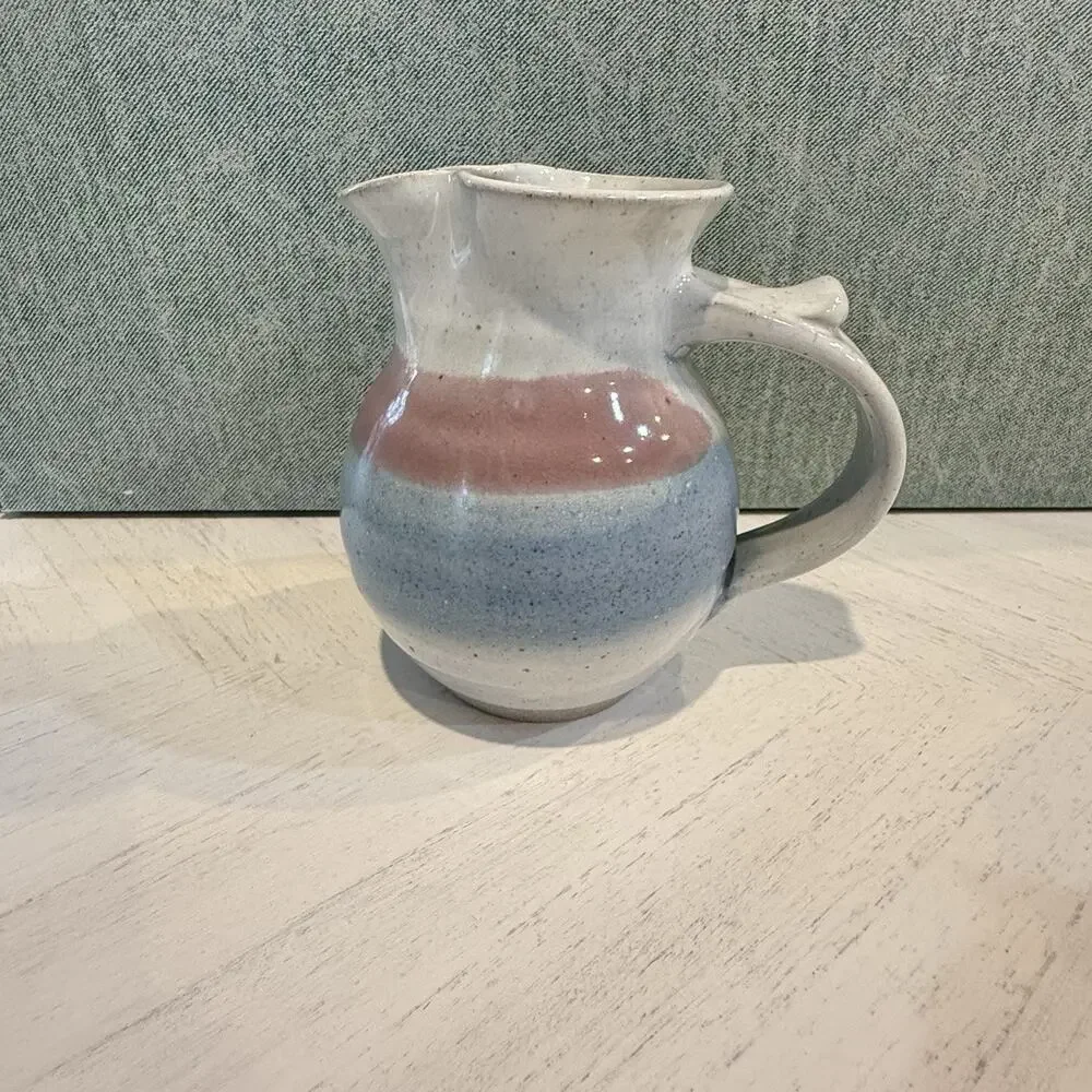 VTG Alewine Pottery Hand Thrown Glazed Pitcher Creamer 5.5” Pastel Pink Blue EUC